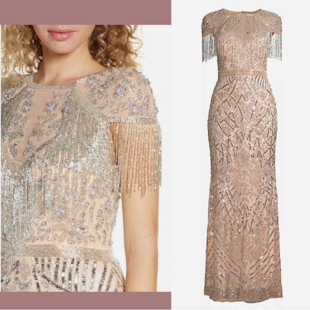 NEW $598 MAC DUGGAL [ 14‎ ] Embellished Fringe Cap Sleeve Gown Platinum Pink